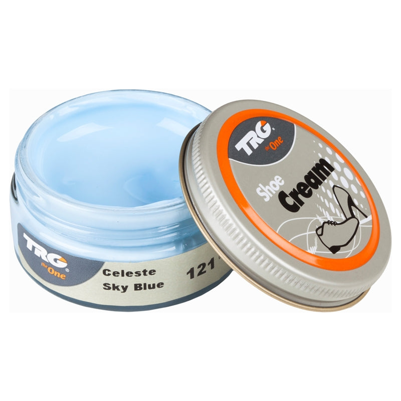 Condition and maintain leather shoes with TRG Sky Blue professional shoe cream in a 50ml dumpi jar for optimal care