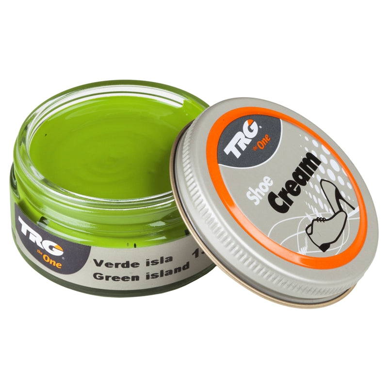 TRG Green Island colour shoe cream for professional leather conditioning and tropical colour care in a 50ml dumpi jar