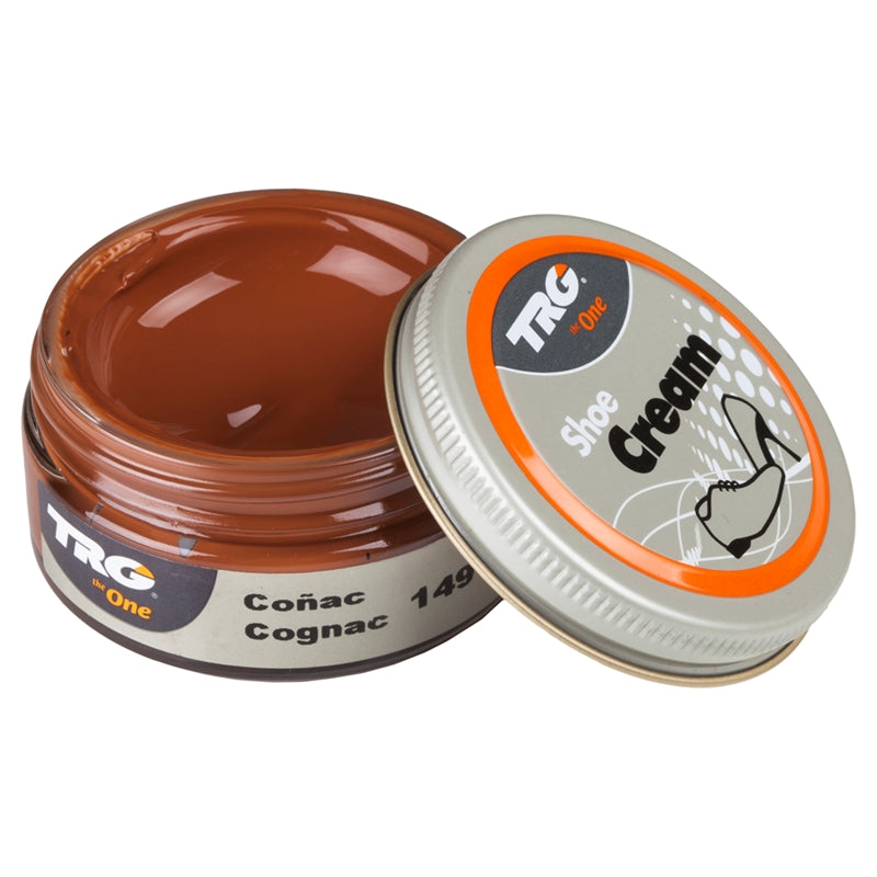 TRG Cognac colour professional shoe cream in a 50ml dumpi jar providing leather conditioning and rich brown shade maintenance
