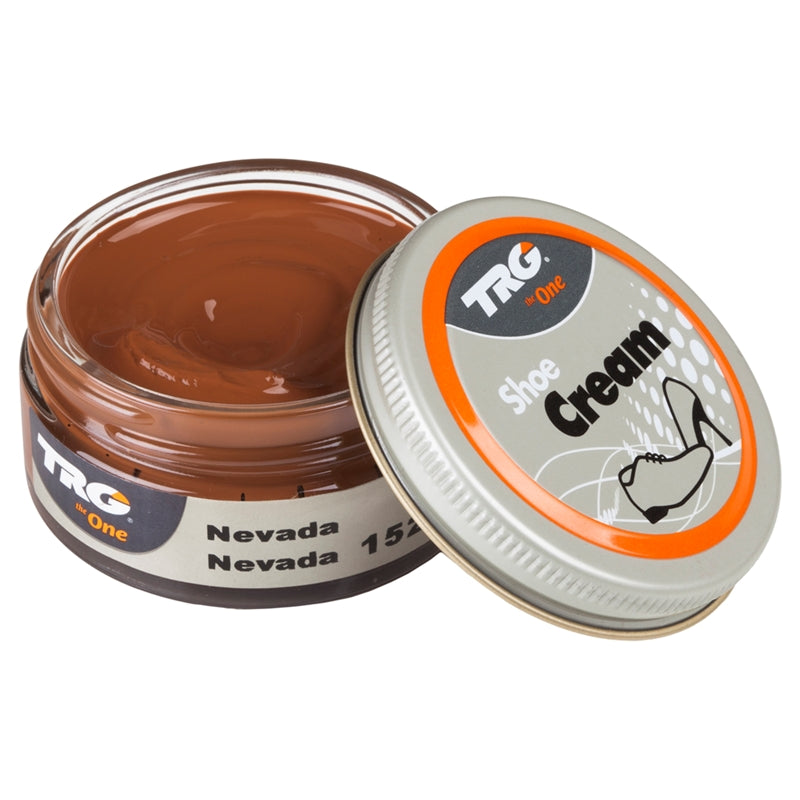 Condition and maintain leather shoes with TRG Nevada professional shoe cream in a 50ml dumpi jar for natural tone care