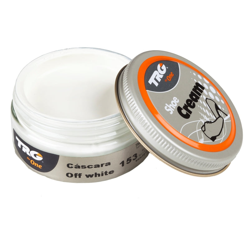 TRG Off White colour shoe cream for professional leather conditioning and neutral shade maintenance in a 50ml dumpi jar
