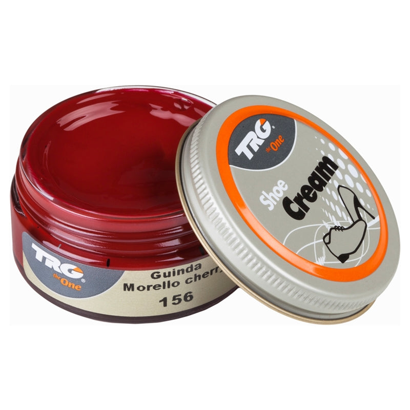 Condition and protect leather with TRG Morello Cherry shoe cream in a 50ml dumpi jar for rich red colour maintenance