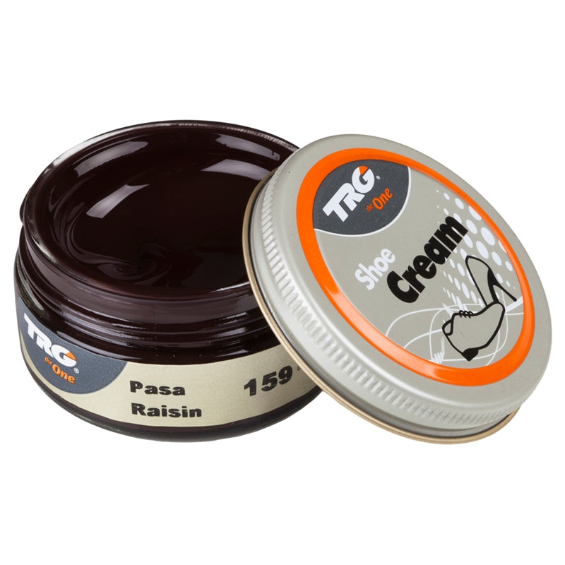 TRG Raisin shade shoe cream in a 50ml dumpi jar offering professional leather conditioning and deep colour maintenance
