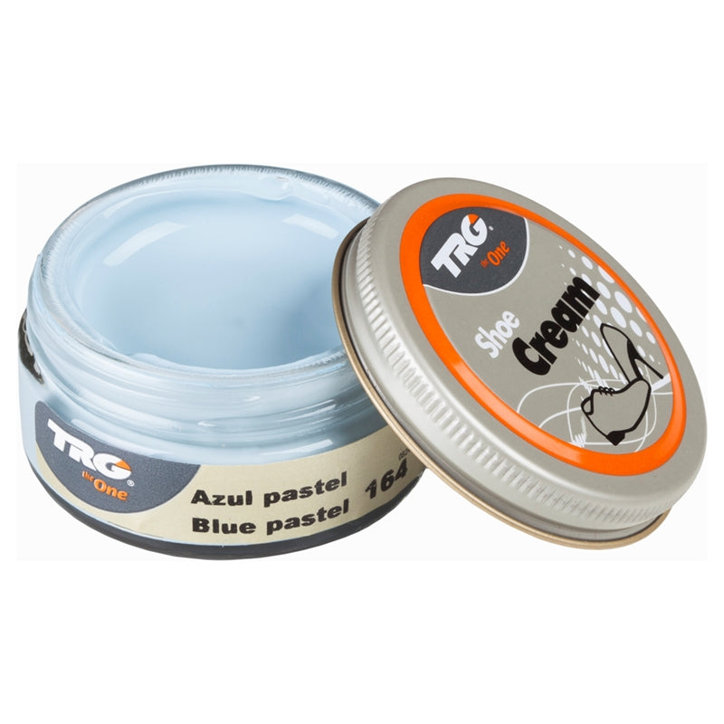 Condition and protect leather with TRG Pastel Blue shoe cream in a 50ml dumpi jar for subtle colour and conditioning