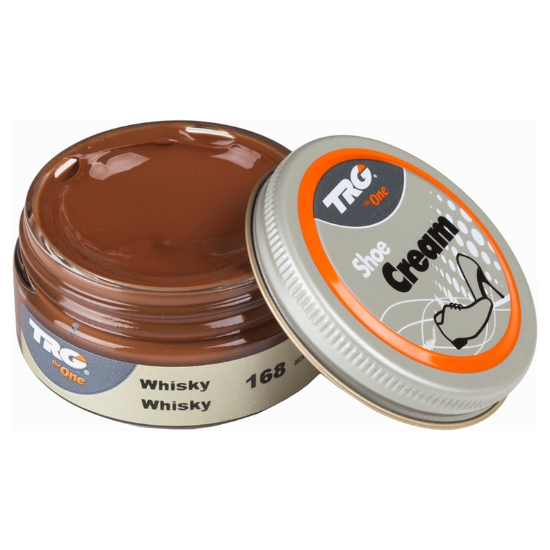 Condition and maintain leather shoes with TRG Whisky professional shoe cream in a 50ml dumpi jar for warm brown colour care