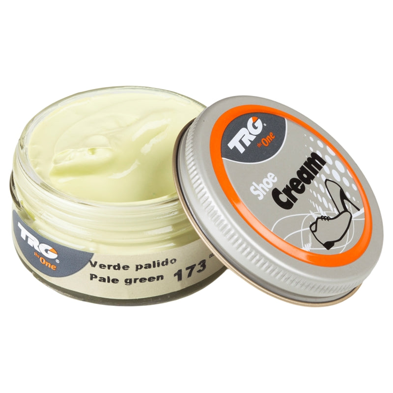 Condition and protect leather with TRG Pale Green shoe cream in a 50ml dumpi jar for soft colour and conditioning maintenance