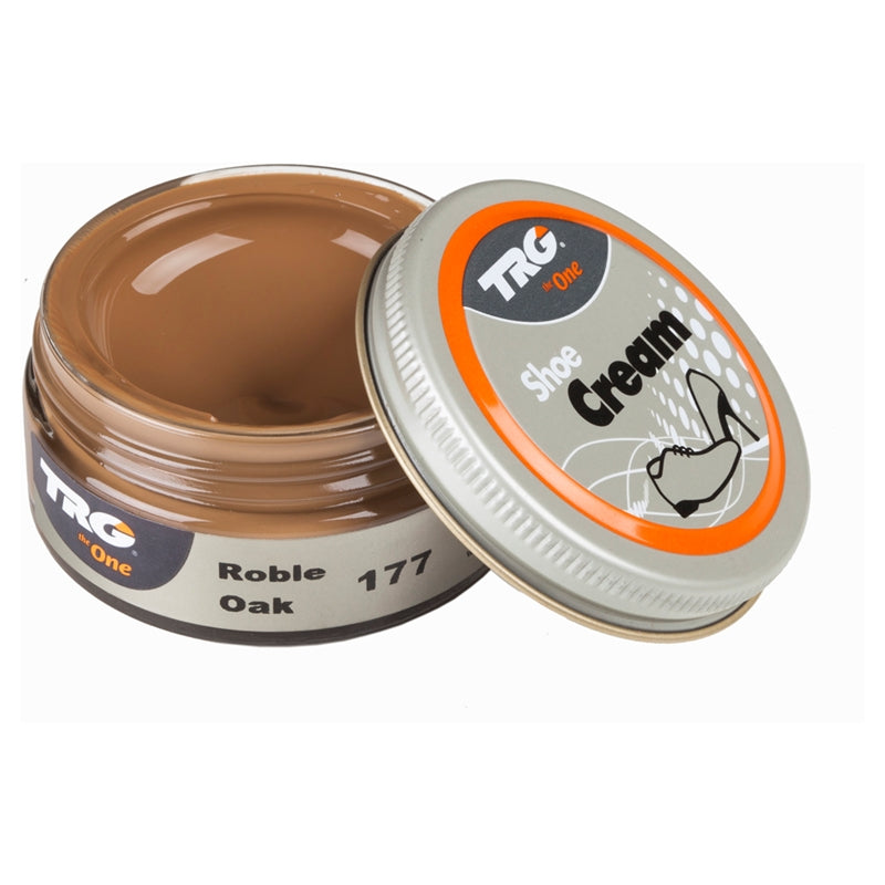 Condition and maintain leather shoes with TRG Oak professional shoe cream in a 50ml dumpi jar for natural brown colour care