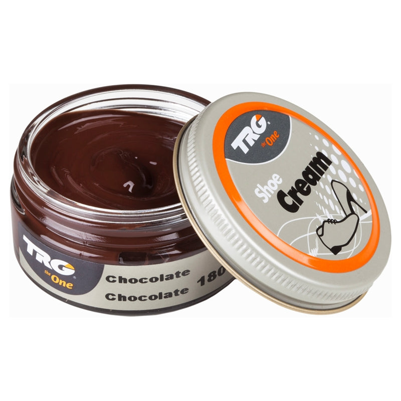 TRG Chocolate shade professional shoe cream for leather conditioning and deep brown colour care in a 50ml dumpi jar