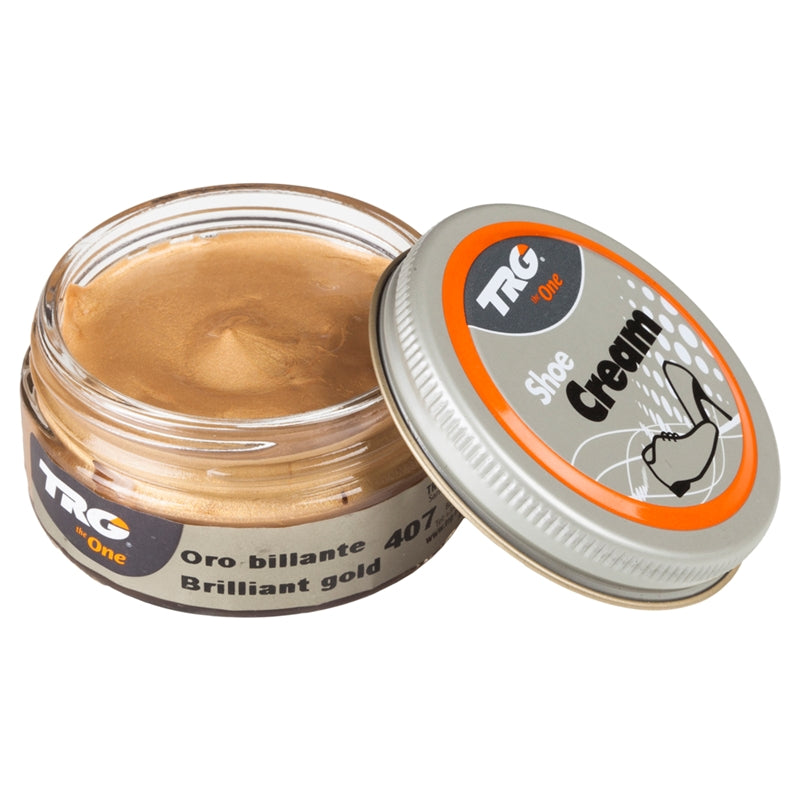 Professional Brilliant Gold TRG shoe cream in a 50ml dumpi jar designed for leather conditioning and bright metallic care