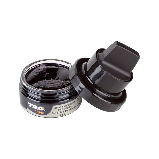 Black TRG Self Shine Renovating Cream 50ml cleans colours and shines leather shoes in one step