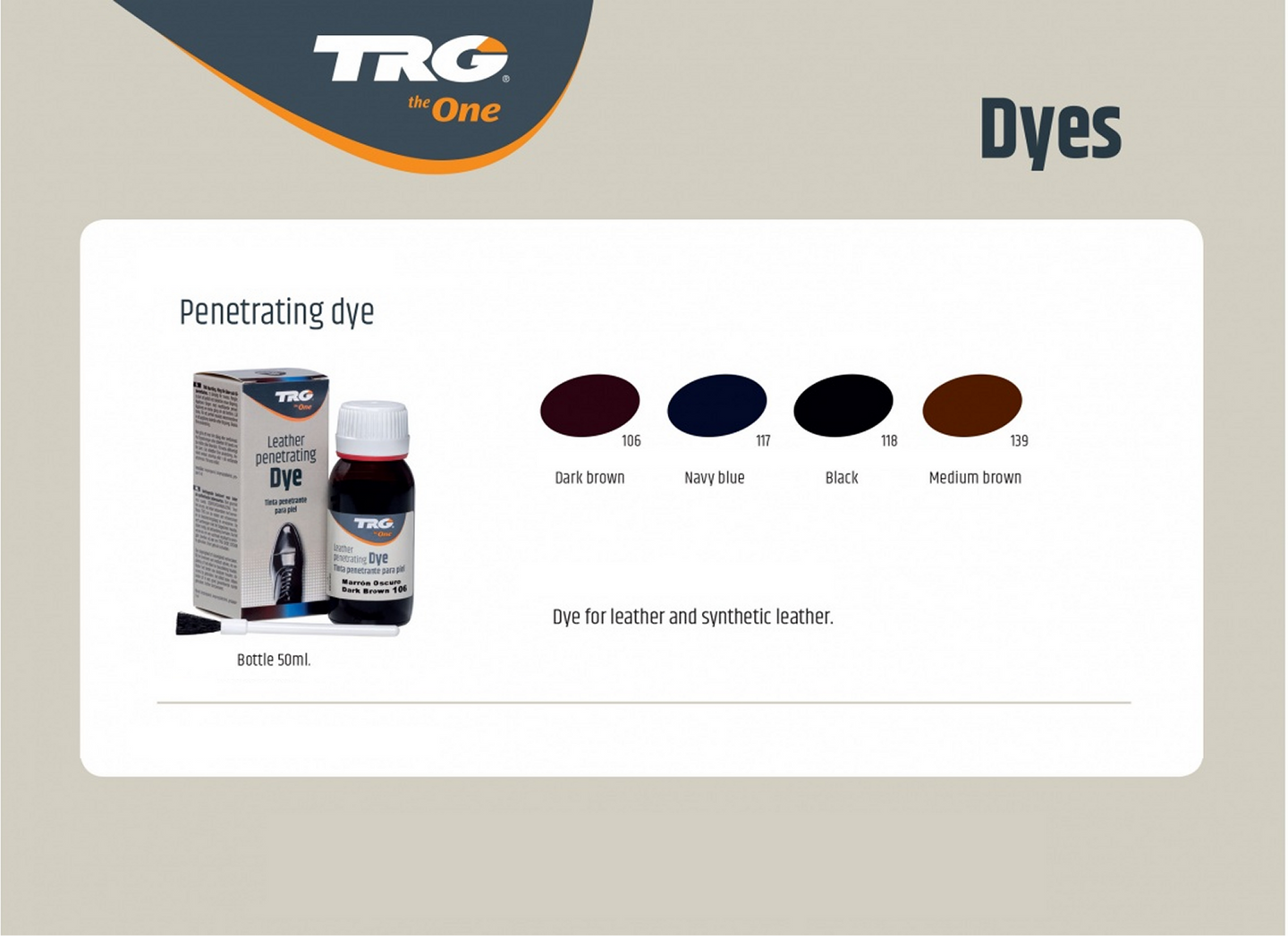 TRG Leather Dye colour chart showing available shades for leather restoration and customisation