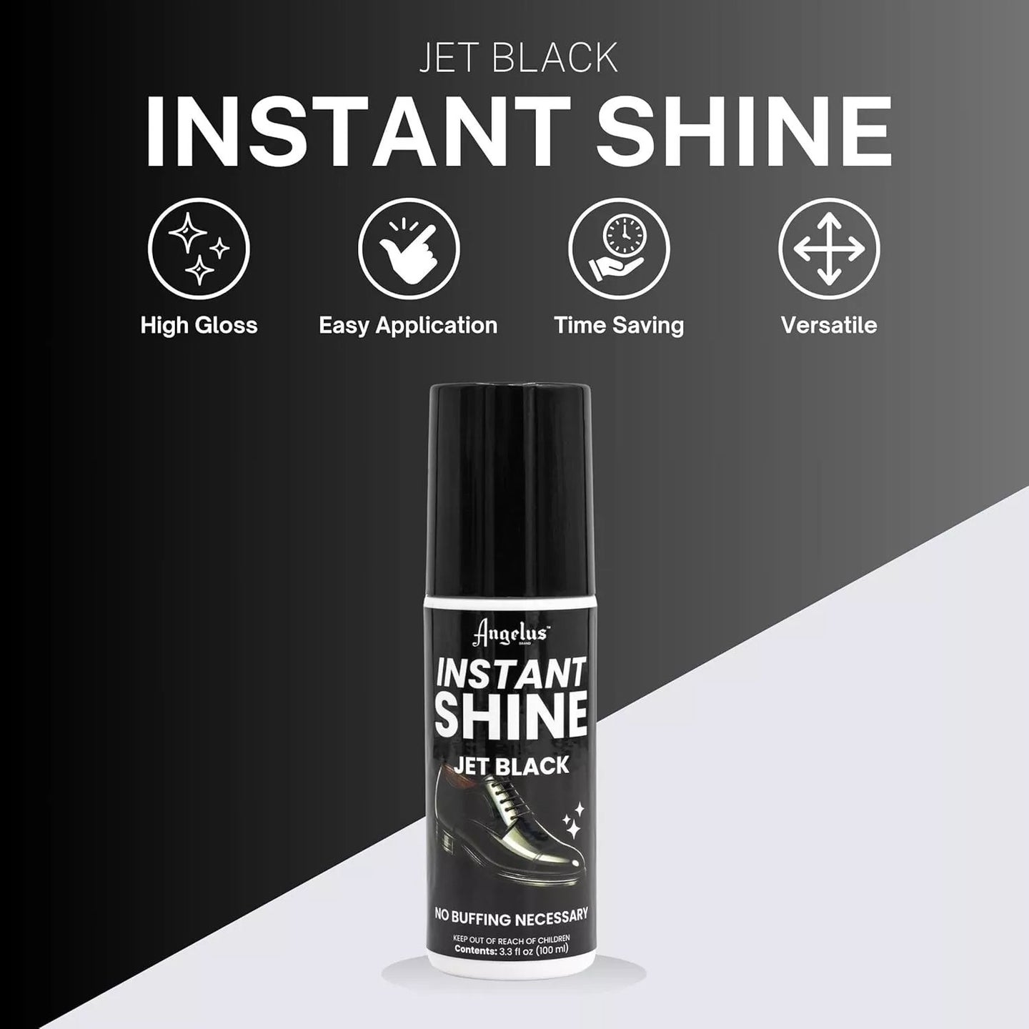 Close-up of Angelus Instant Shine sponge applicator applying polish to leather shoes for instant glossy protective finish