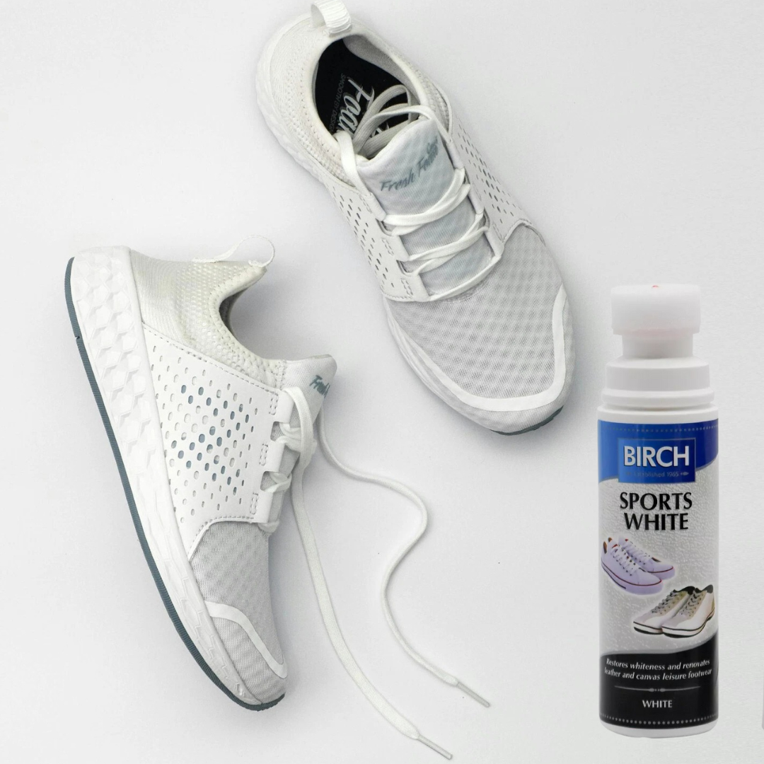 BIRCH Sportswhite works on leather synthetics and midsole compounds while maintaining flexibility