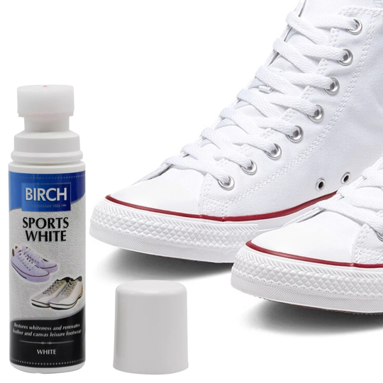 BIRCH whitener restores bright white surfaces on various athletic shoe materials effectively
