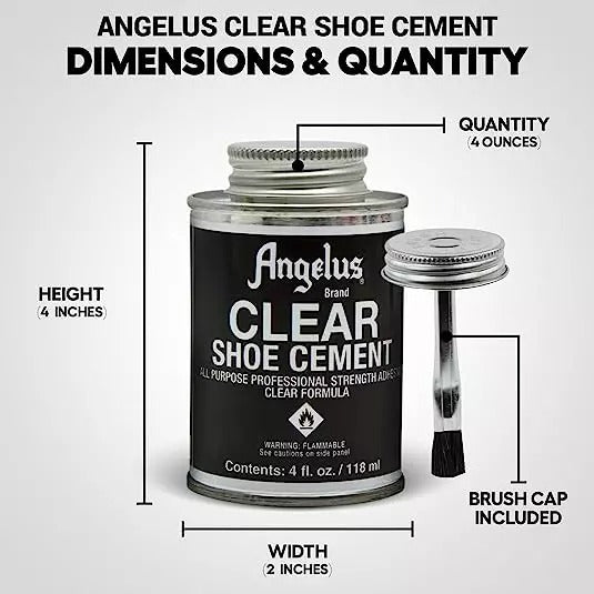 Material compatibility demonstration with Angelus Clear Shoe Cement showing bonding on rubber leather plastic