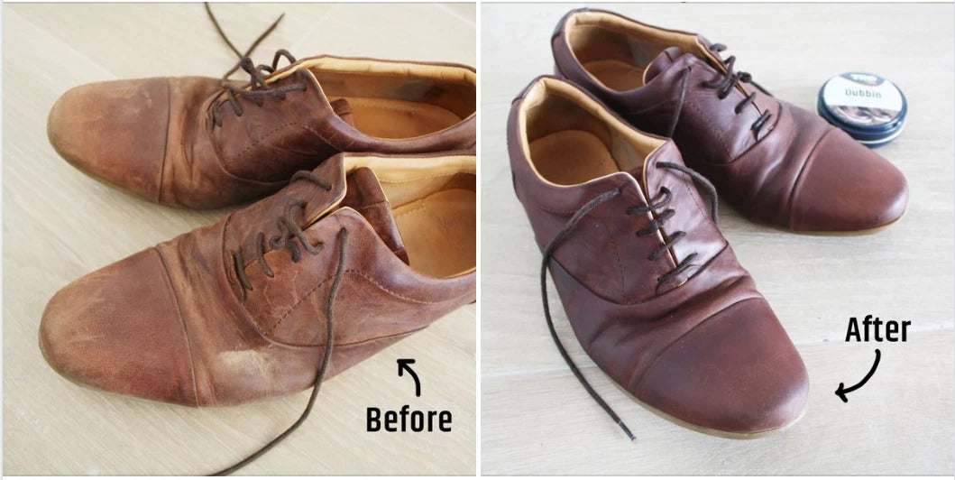 Applying TRG Neutral Dubbin wax for traditional waterproofing on light-coloured leather shoes and boots