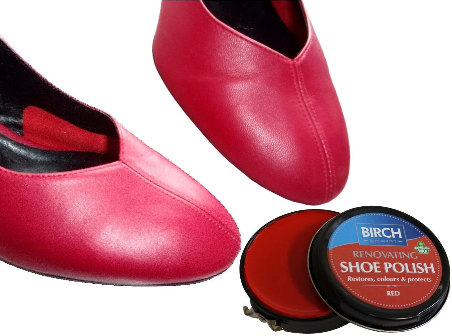 Using BIRCH Renovating Shoe Polish to restore and condition worn leather shoe surfaces