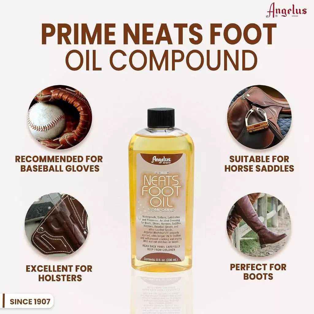 Angelus Neatsfoot Oil application on saddles harnesses and work boots maintaining leather peak condition