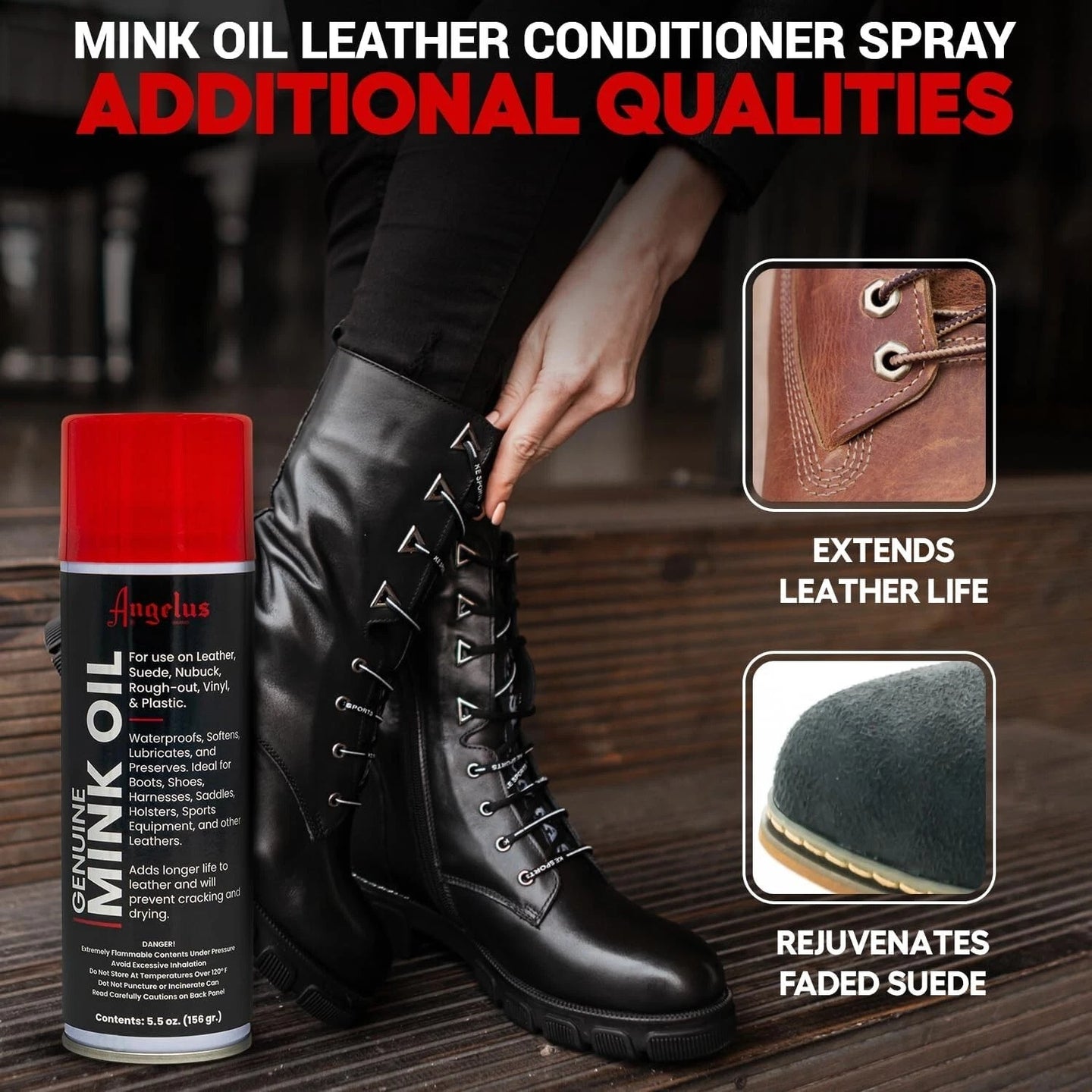 Angelus Mink Oil Spray creating protective barrier on work boots against water damage and element exposure
