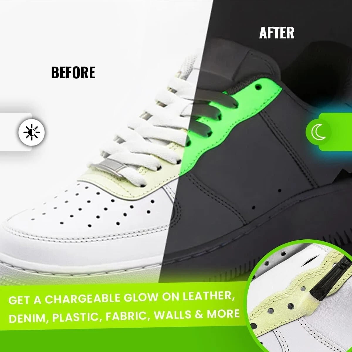 Custom sneaker artwork with Angelus Glow in the Dark paint demonstrating transformative day-to-night design