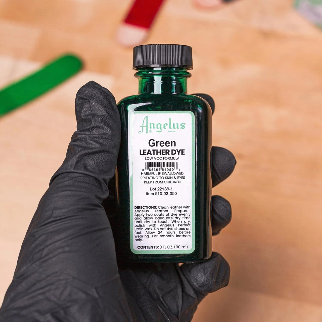 Eco-friendly leather dyeing with Angelus Low VOC formula on various leather goods and accessories