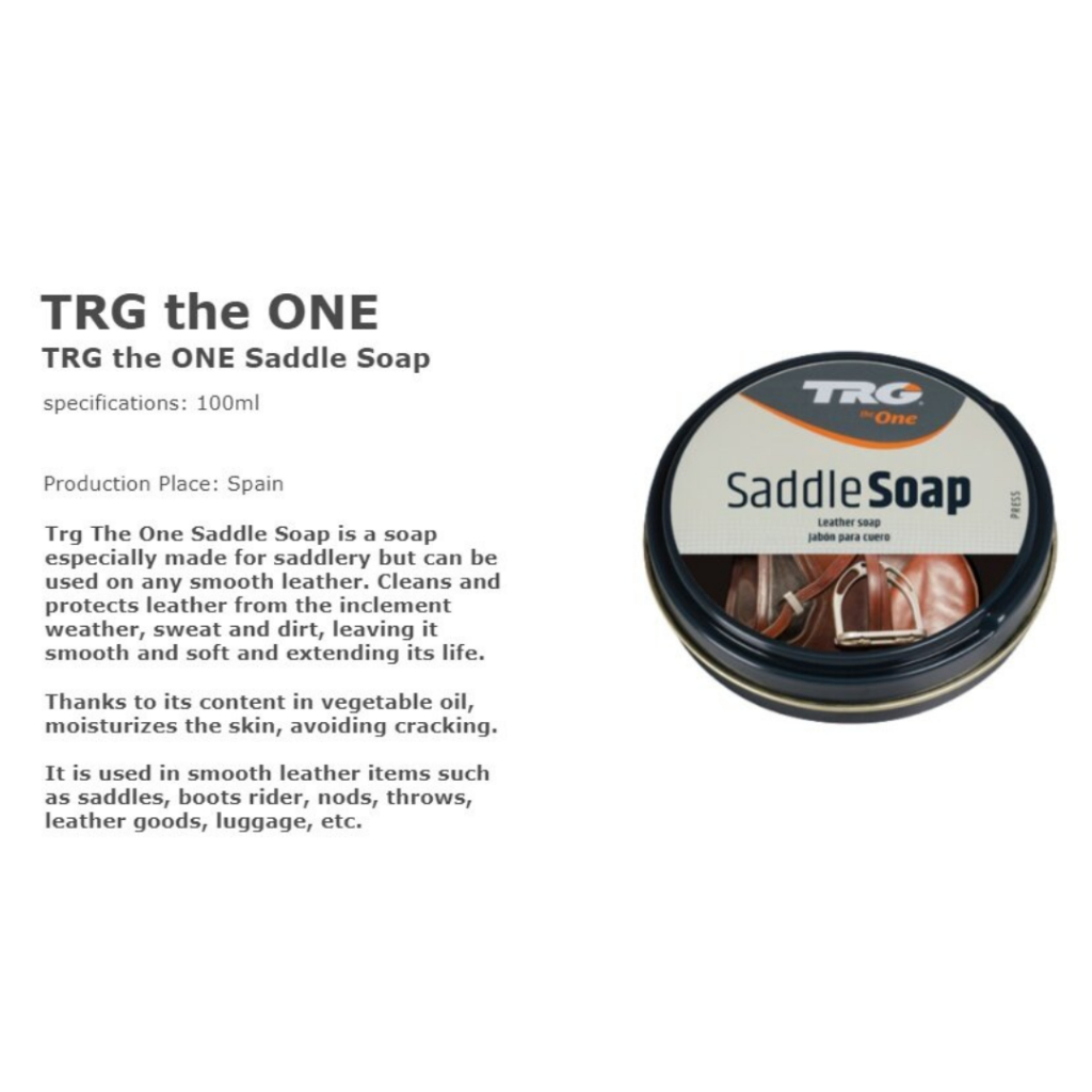 TRG Saddle Soap providing dual-action cleaning and conditioning for various leather types and items