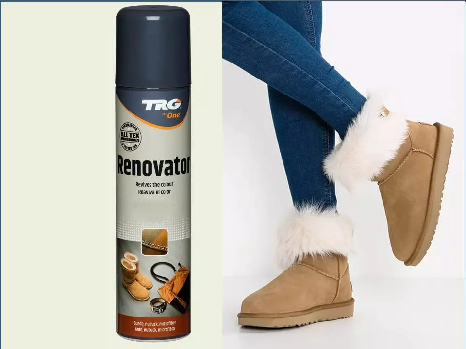 Professional suede maintenance with TRG Renovator spray for colour restoration and material protection