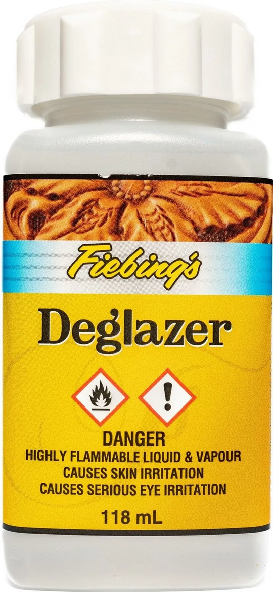 Fiebing's Deglazer 4oz bottle for professional leather surface preparation and finish removal
