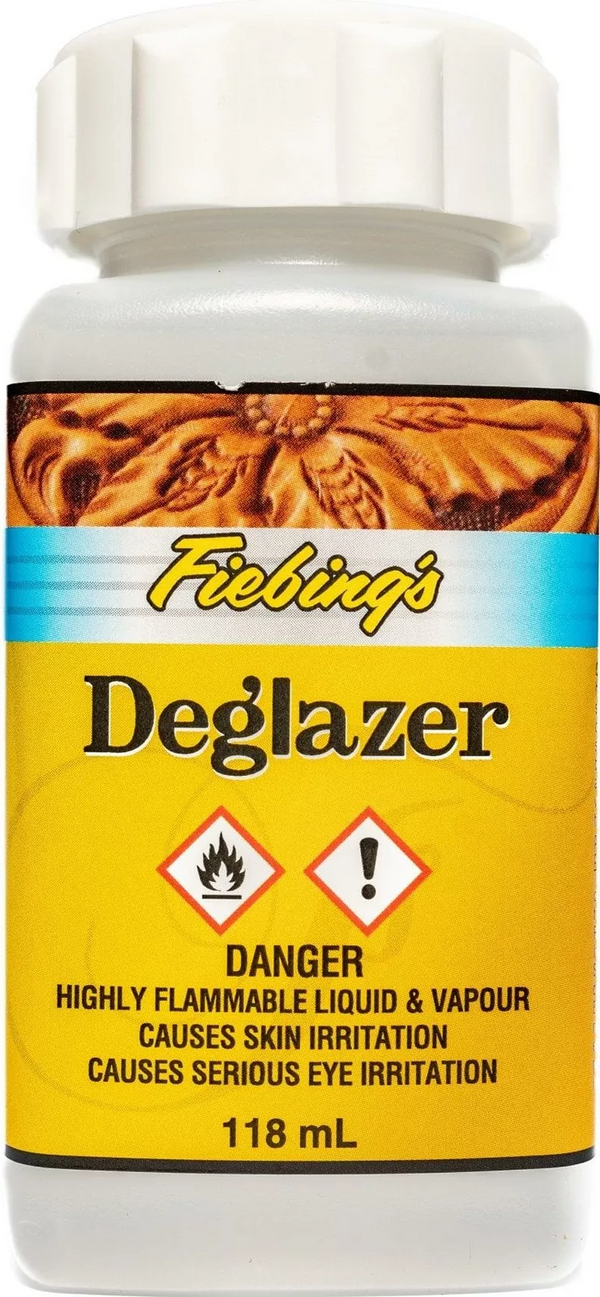 Fiebing's Deglazer 4oz bottle for professional leather surface preparation and finish removal