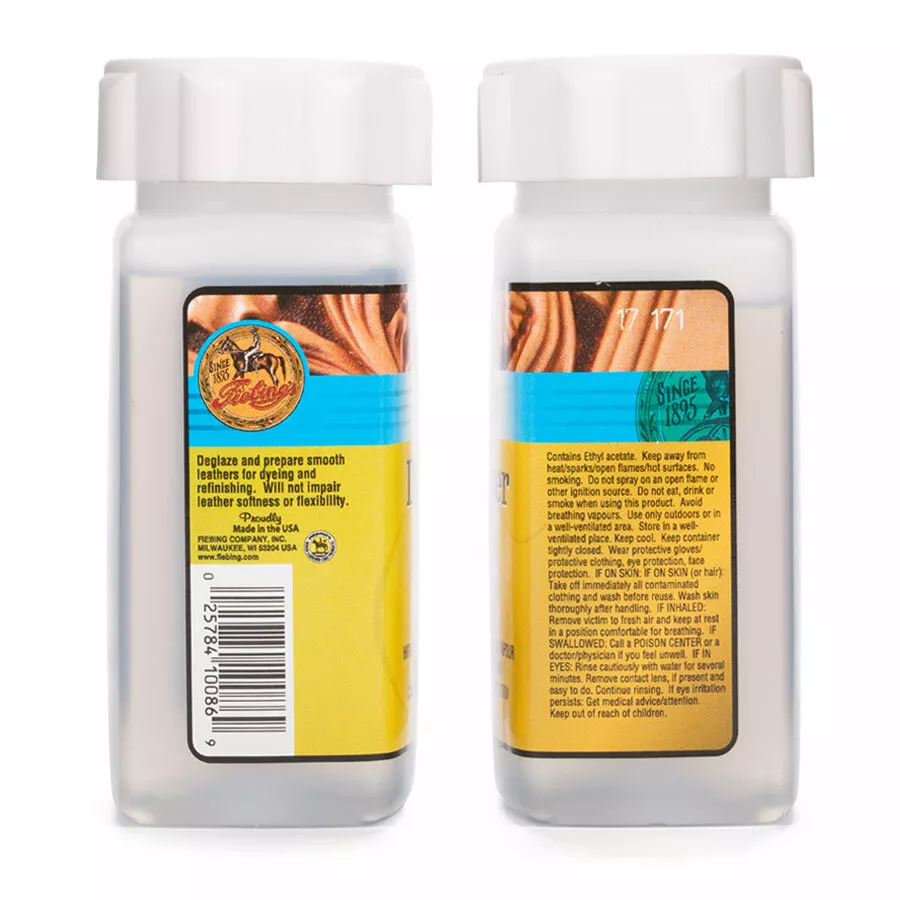 Professional leather prep with Fiebing's Deglazer to remove waxes and oils before dyeing