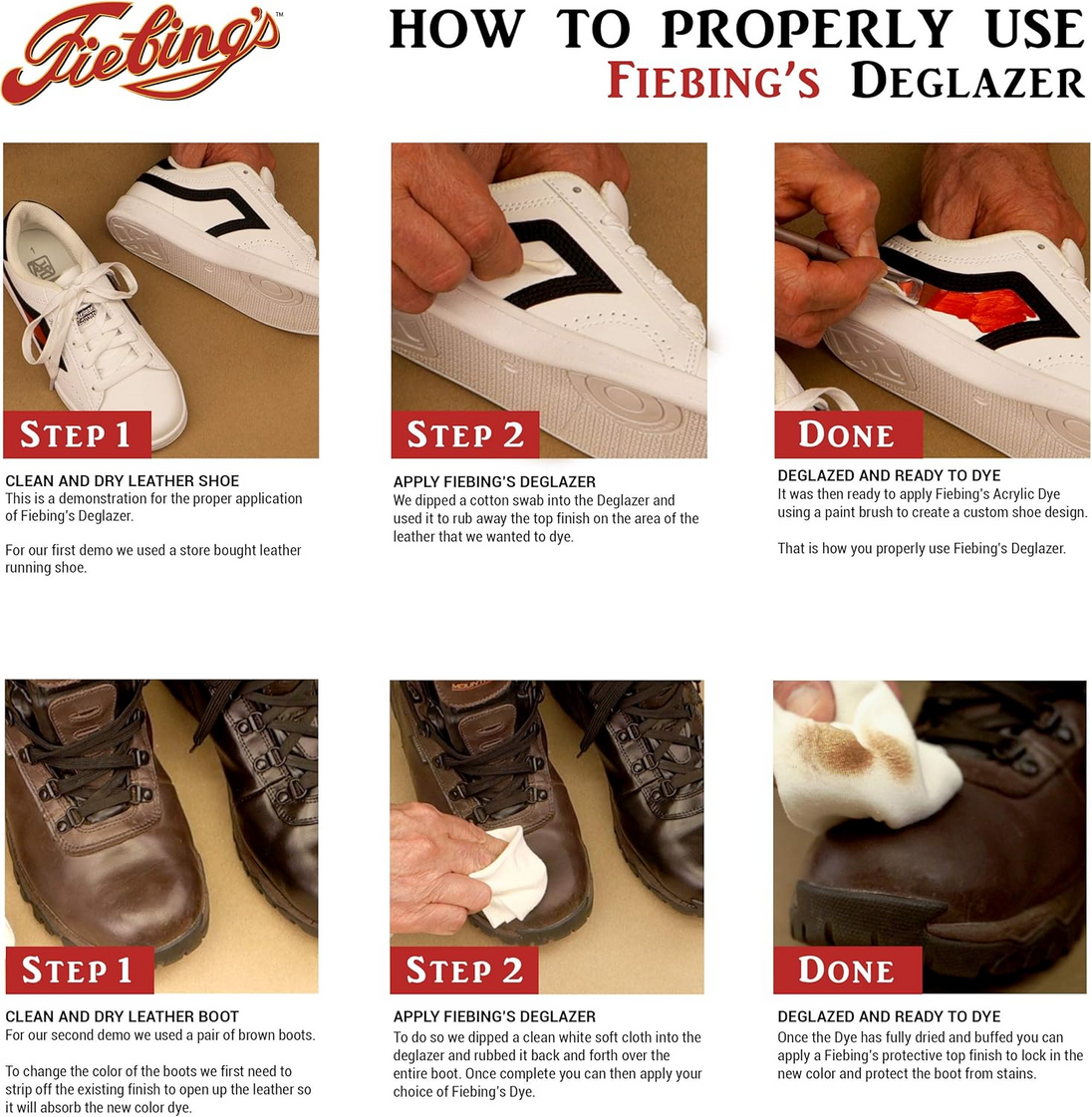 Fiebing's Deglazer solution for ensuring permanent adhesion of leather dyes and treatments