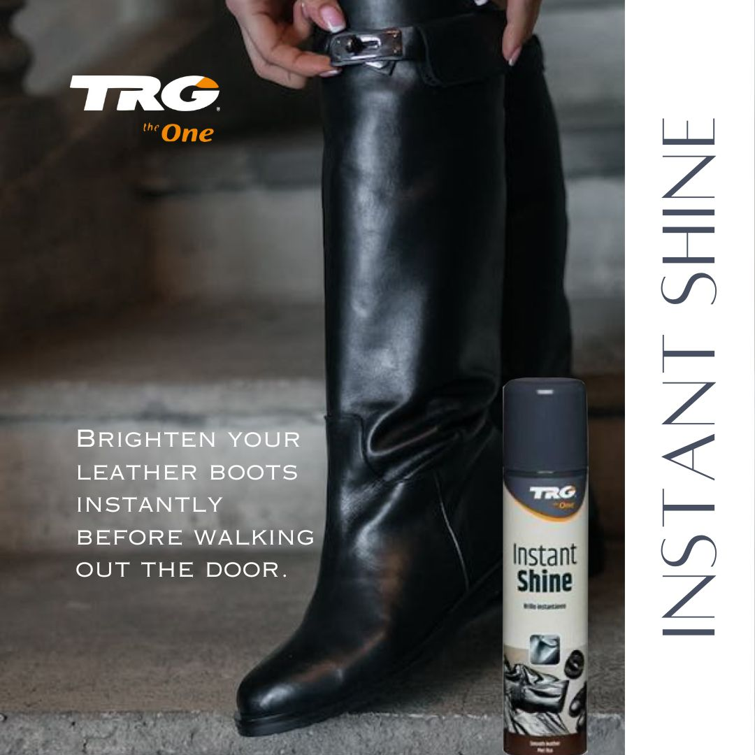 Quick shine application with TRG Instant Shine spray for smooth leather shoes and time-saving maintenance