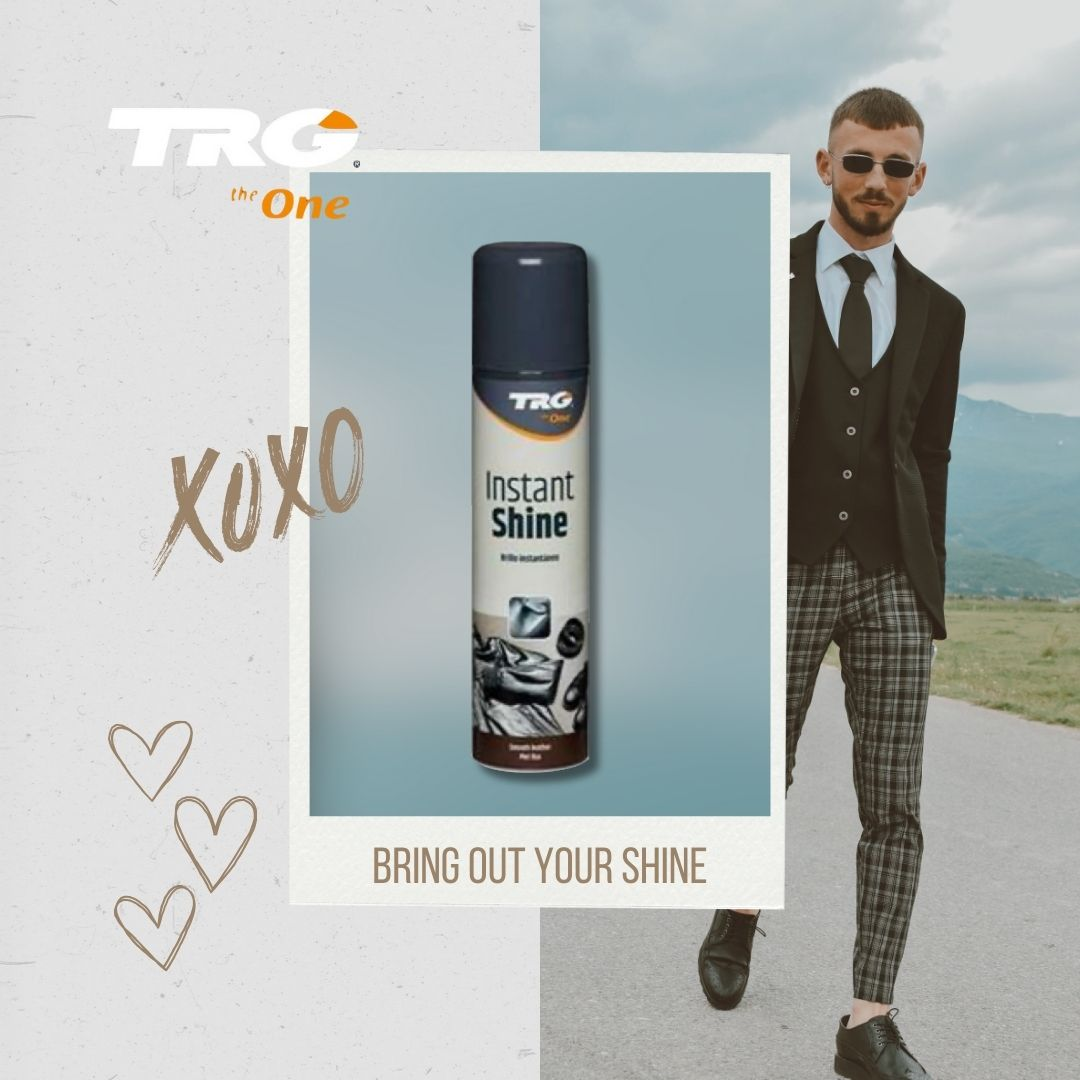 TRG Instant Shine aerosol delivering consistent spray coverage and instant results on leather accessories