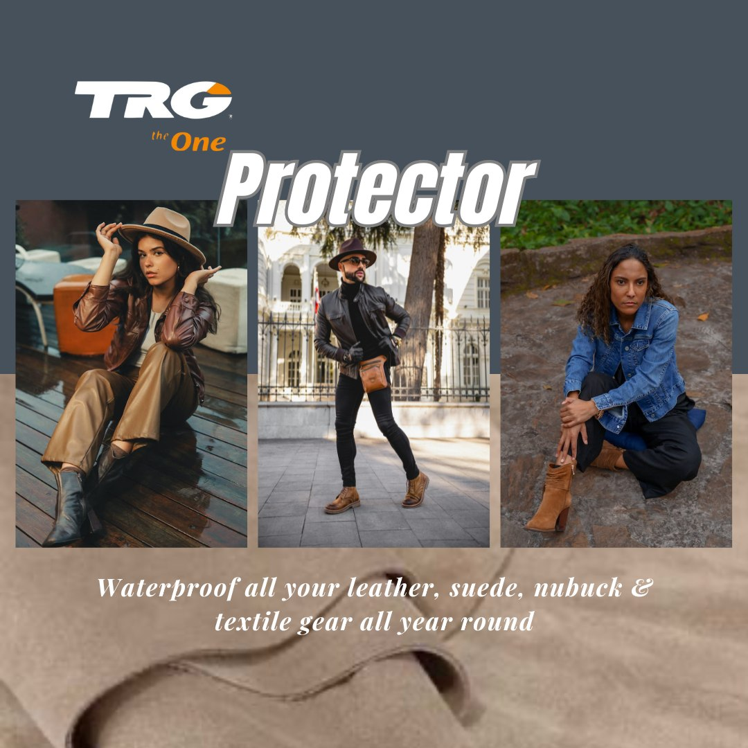 Applying TRG Protector aerosol spray to shield leather boots and shoes from water damage and weather exposure