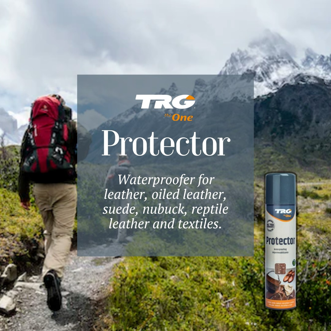 Professional application of TRG Protector aerosol spray for comprehensive water protection on various leather goods