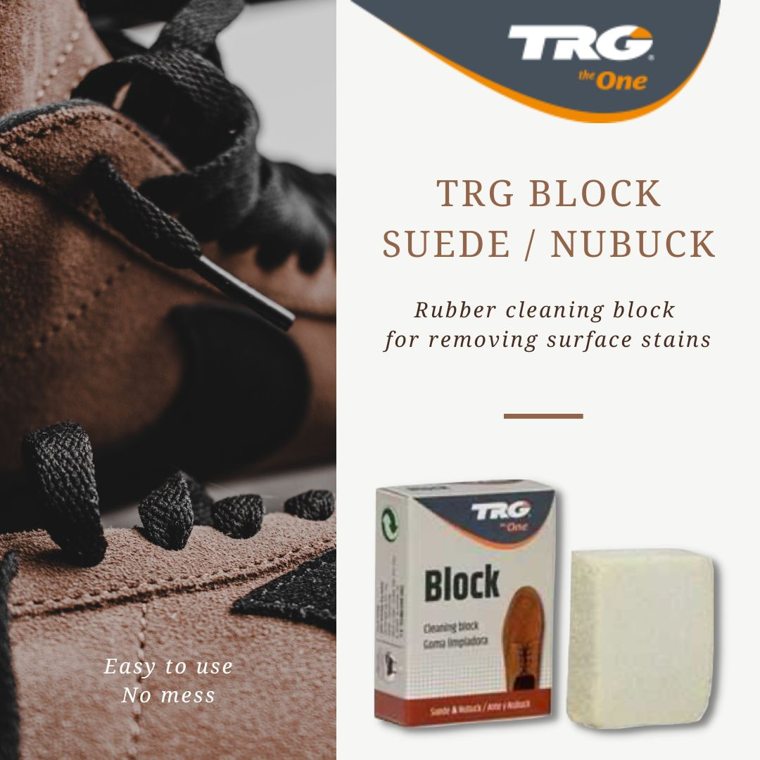 Using TRG Suede Cleaning Block to restore nap and remove stains from suede shoes for professional cleaning results