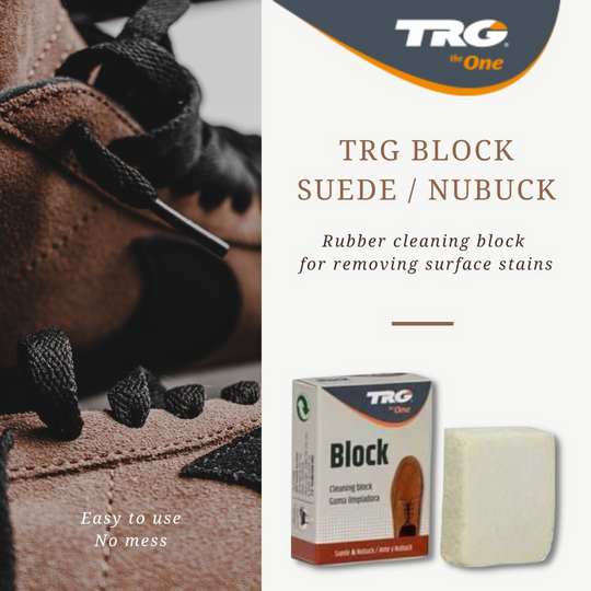 Using TRG Suede Cleaning Block to restore nap and remove stains from suede shoes for professional cleaning results