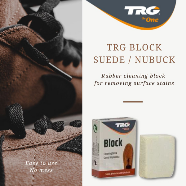 Using TRG Suede Cleaning Block to restore nap and remove stains from suede shoes for professional cleaning results