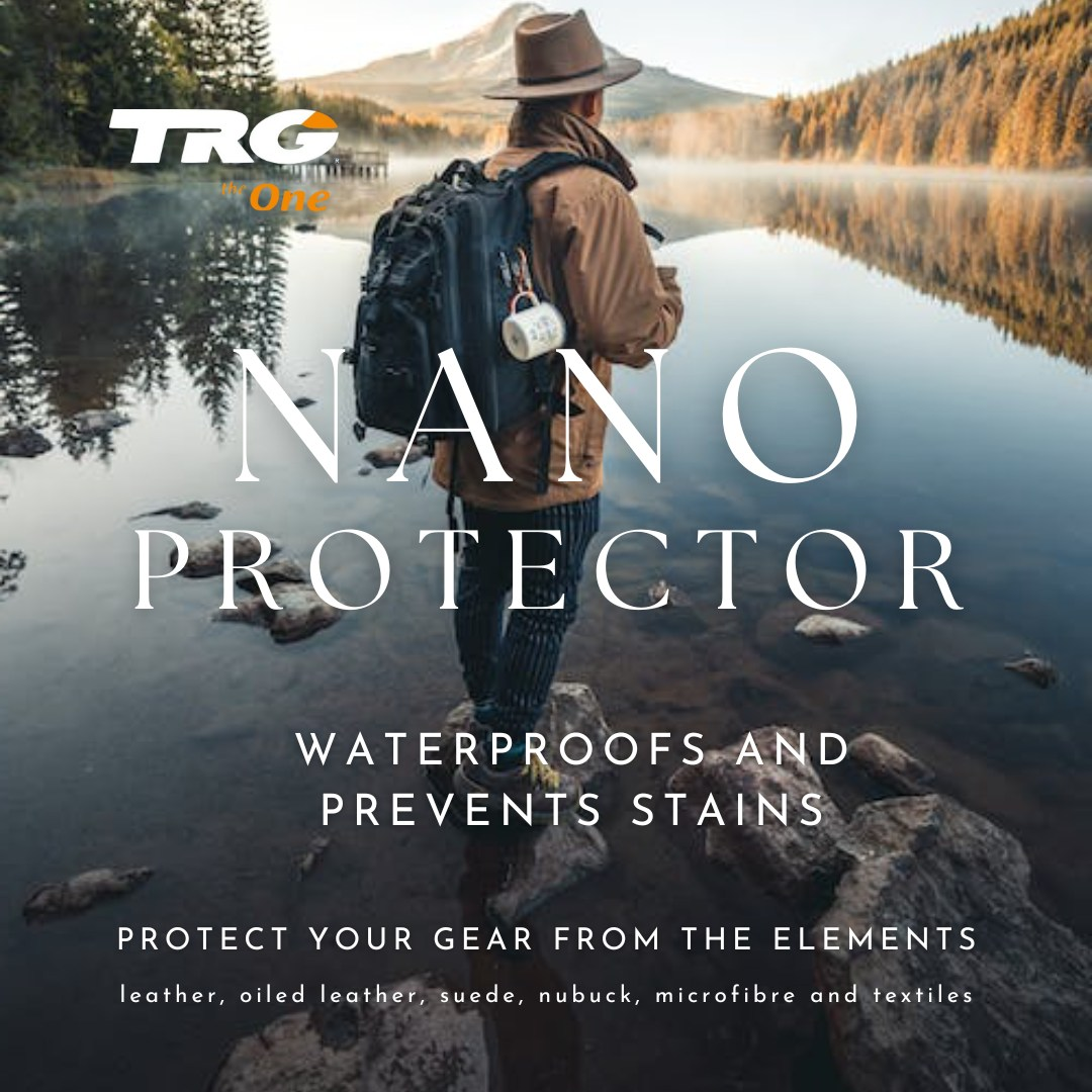 Professional-grade TRG Nano Protector application for superior weather protection on leather and fabric items