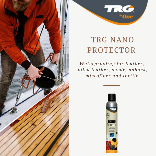 Applying TRG Nano Protector spray for maximum water resistance on premium leather shoes and accessories