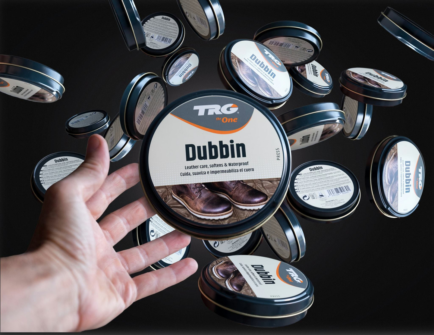 TRG Black Dubbin providing wax-based conditioning and weather resistance for black leather goods