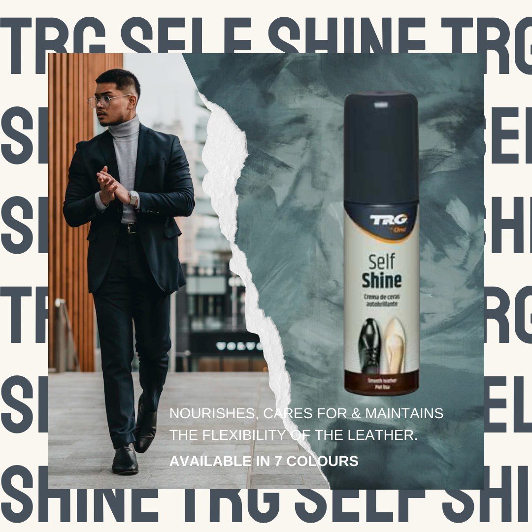 Professional black shoe maintenance with TRG Self Shine all-in-one polish and applicator system