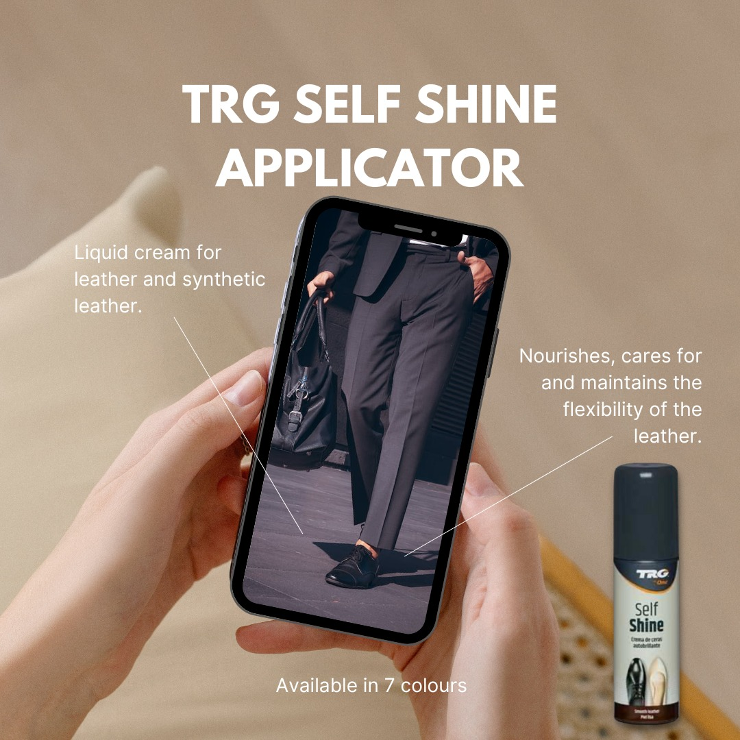 TRG Self Shine applicator system for controlled clean polish application on black leather shoes