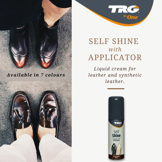Applying TRG Self Shine with integrated applicator for convenient black shoe care and maintenance