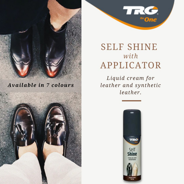 Applying TRG Self Shine with integrated applicator for convenient black shoe care and maintenance