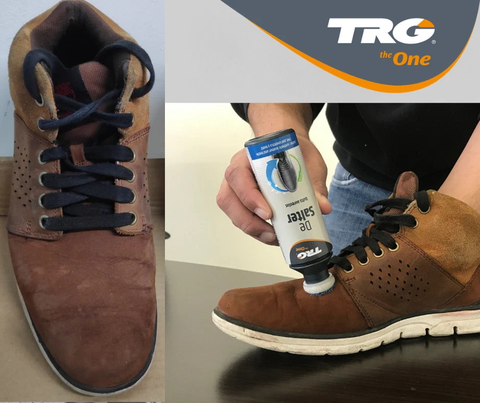 TRG De Salter in use dissolving salt crystals and preventing permanent damage to leather materials