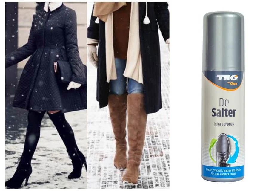 Professional salt stain removal with TRG De Salter for seasonal leather protection and maintenance