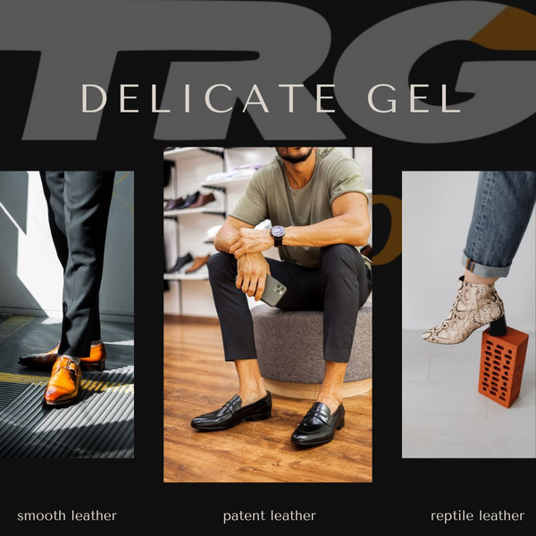 Applying TRG Delicate Gel Cream to maintain suppleness and appearance of soft leather footwear