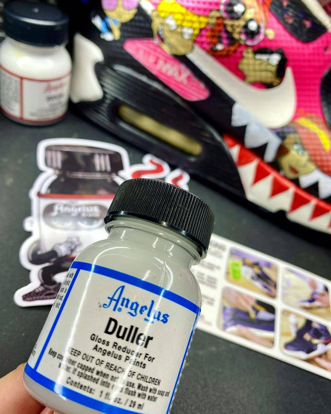 Custom sneaker artwork using Angelus Duller treated paint demonstrating modern matte military-style finish