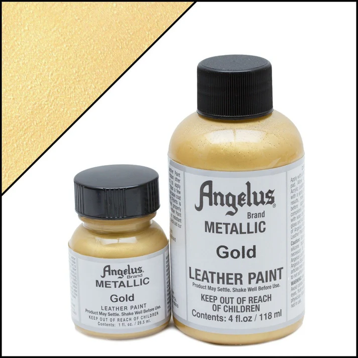 Angelus Gold 072 metallic finish on custom leather artwork and sneaker projects